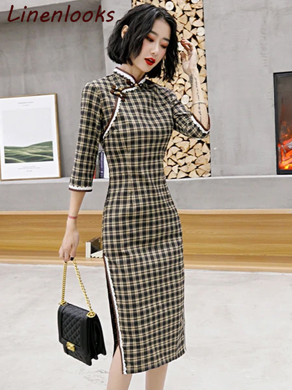 Modern Cotton Plaid Cheongsam Dress