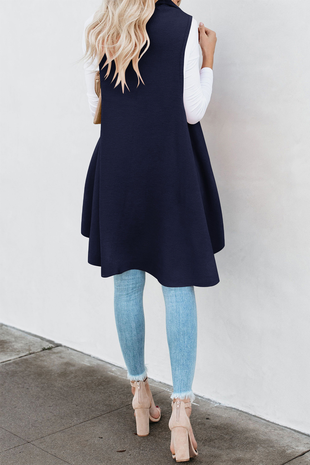 深蓝色无袖中长款开襟垂褶马甲外套