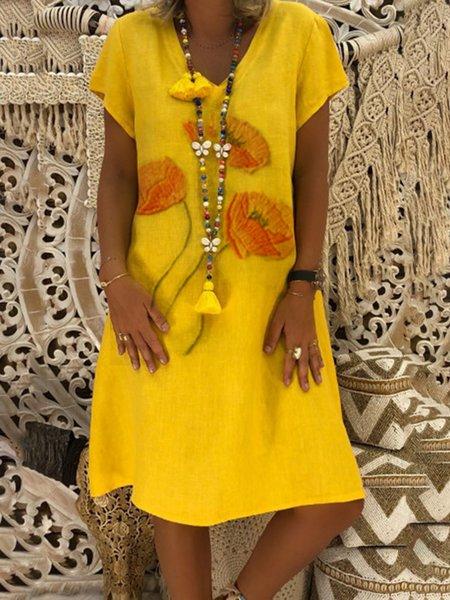 Short Sleeve Cotton-Blend Casual Embroidered Casual Dresses