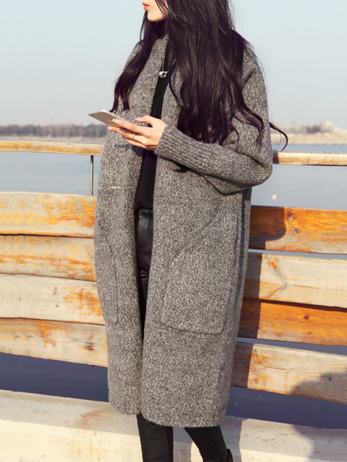 Casual Knitted Long Sleeve Pockets Cardigan
