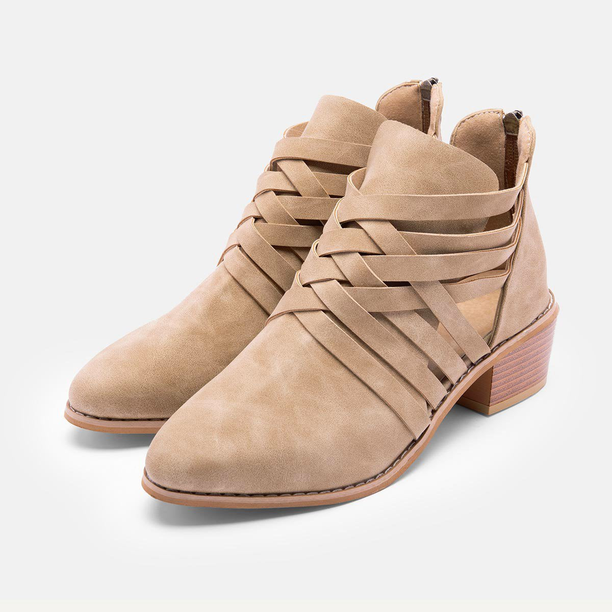 Plus Size Criss-Cross Ankle Heel Booties Hollow-out PU Boots