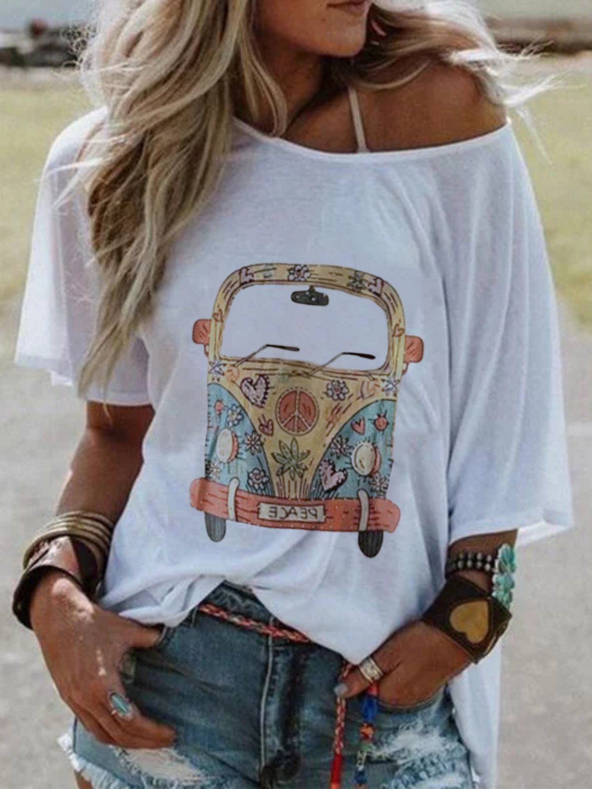 Plus Size Women Short Sleeve Round Neck Vintage Car Floral Casual Tops