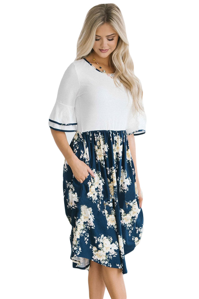 White Top Flora Skirt Layered Bell Sleeve Dress