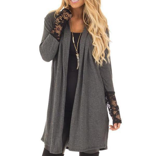 Decorative Lace  Plain  Long Sleeve Cardigan