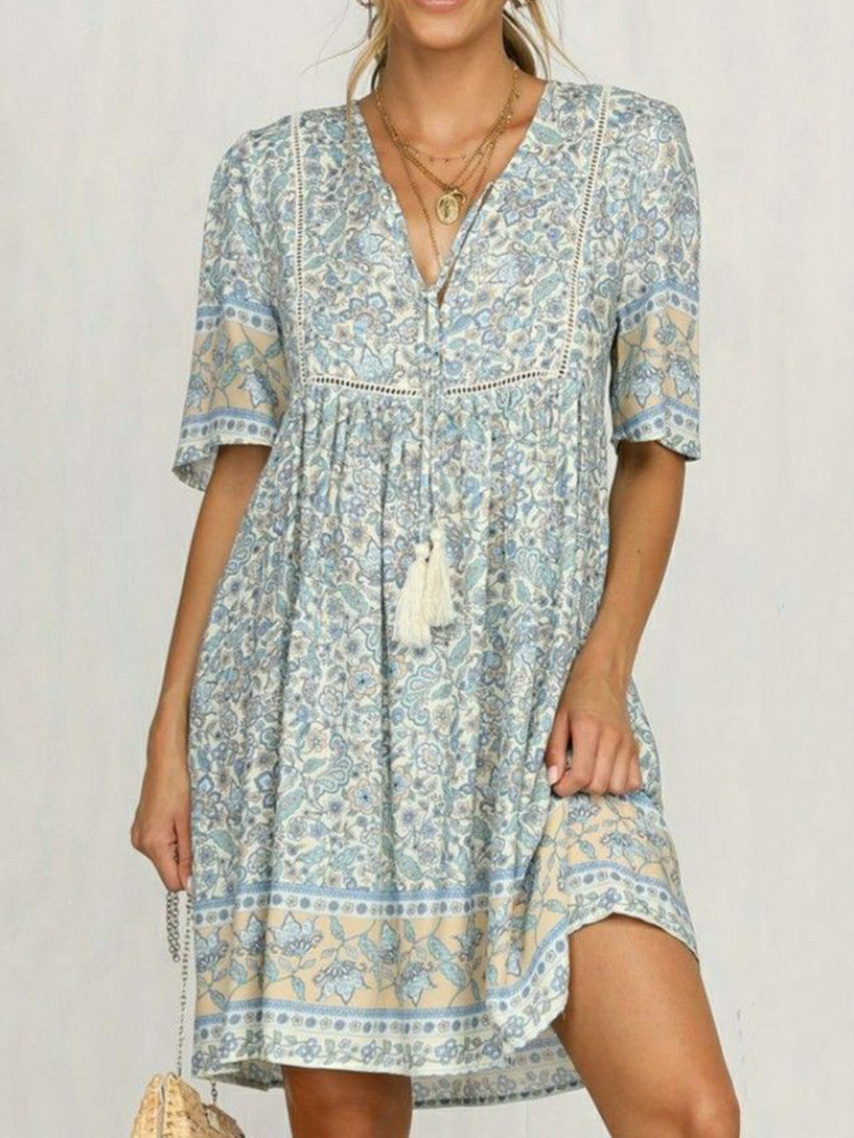 Light Blue Half Sleeve Cotton-Blend Dresses