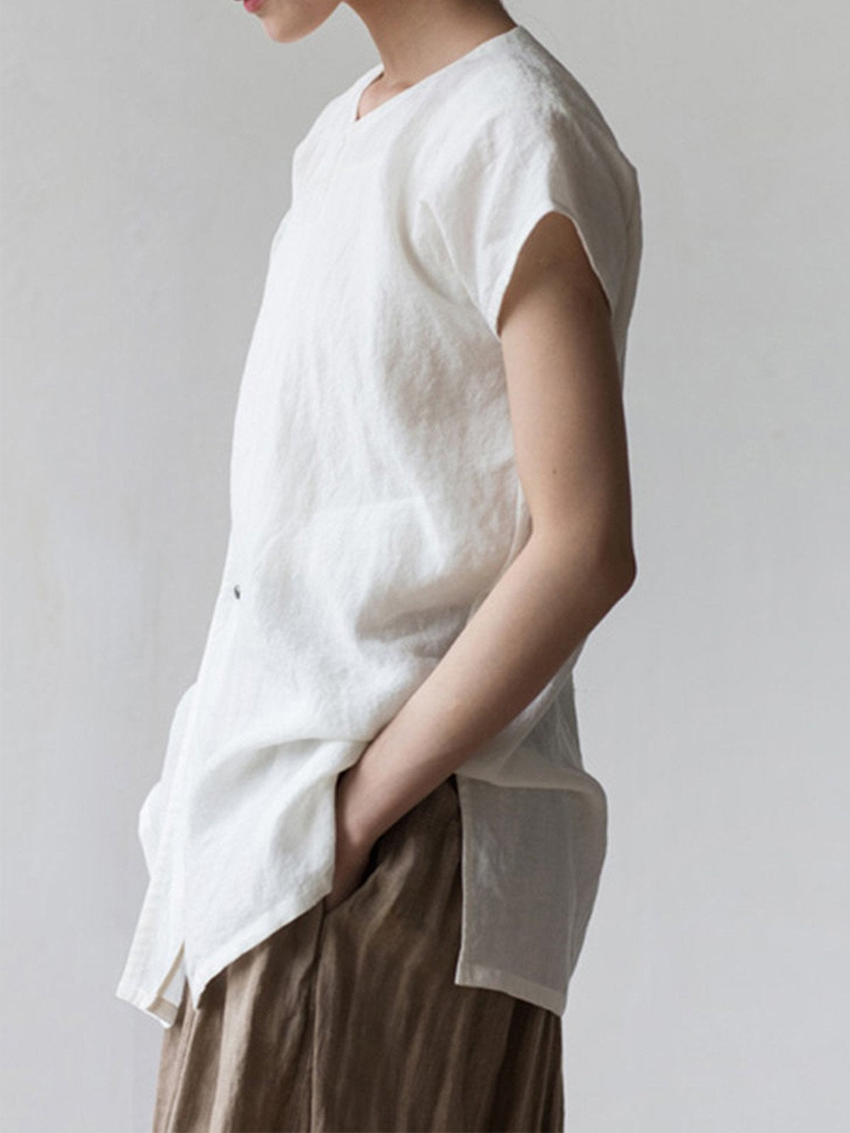 Vintage Cap Sleeve Slit Tunic Solid Color T-Shirt