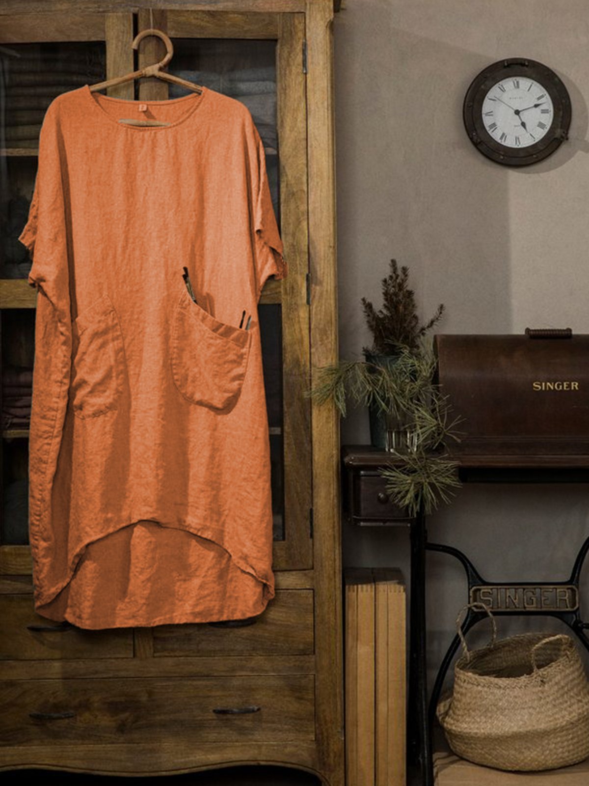 Women Round Neck Linen Half Sleeve Casual Solid  Dress