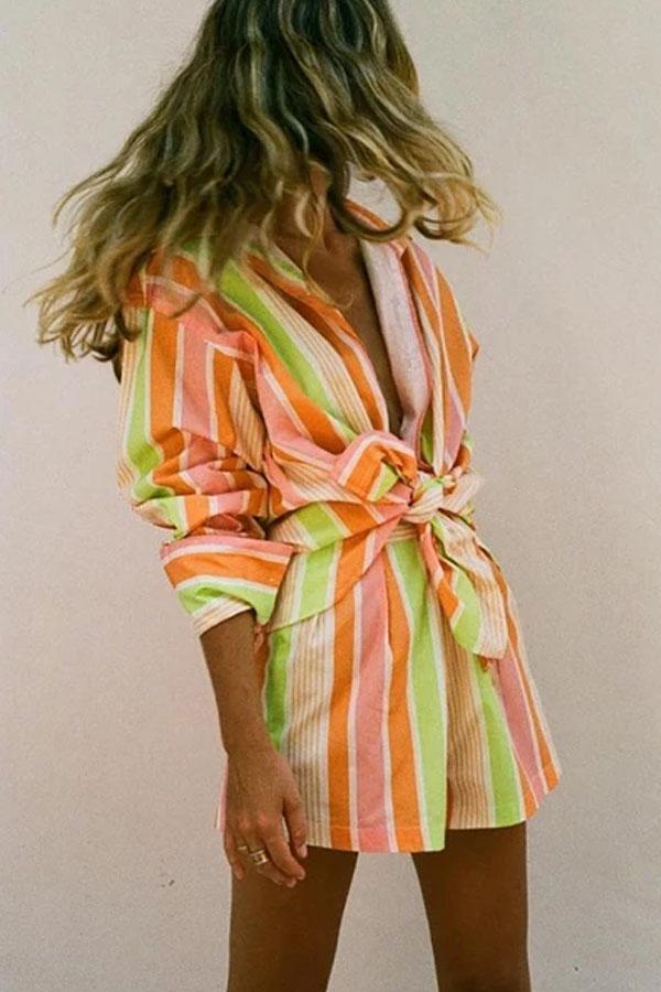 Rainbow Striped Shirt Shorts Set