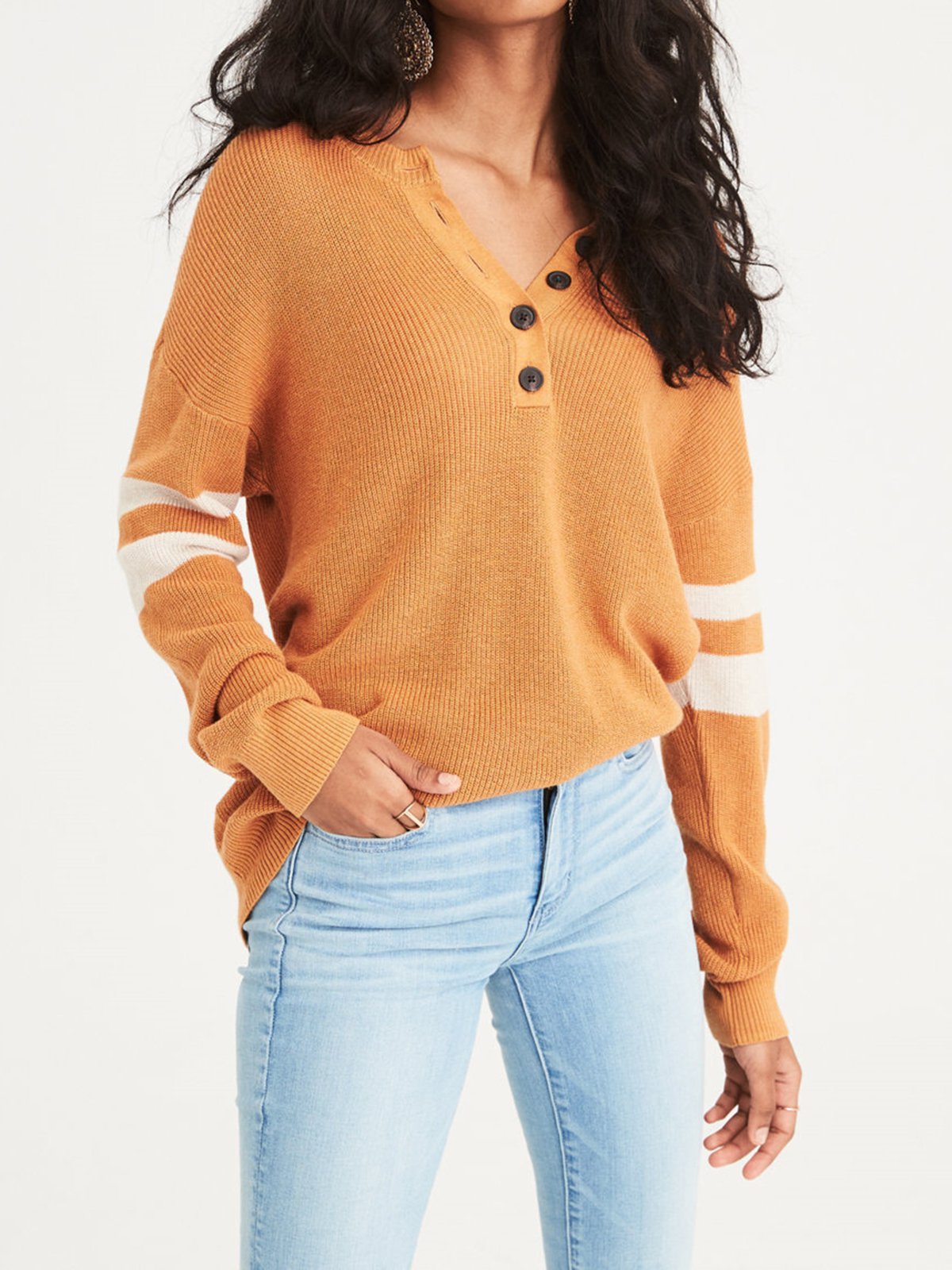 Solid V-Neck Casual Buttoned Sweatershirt