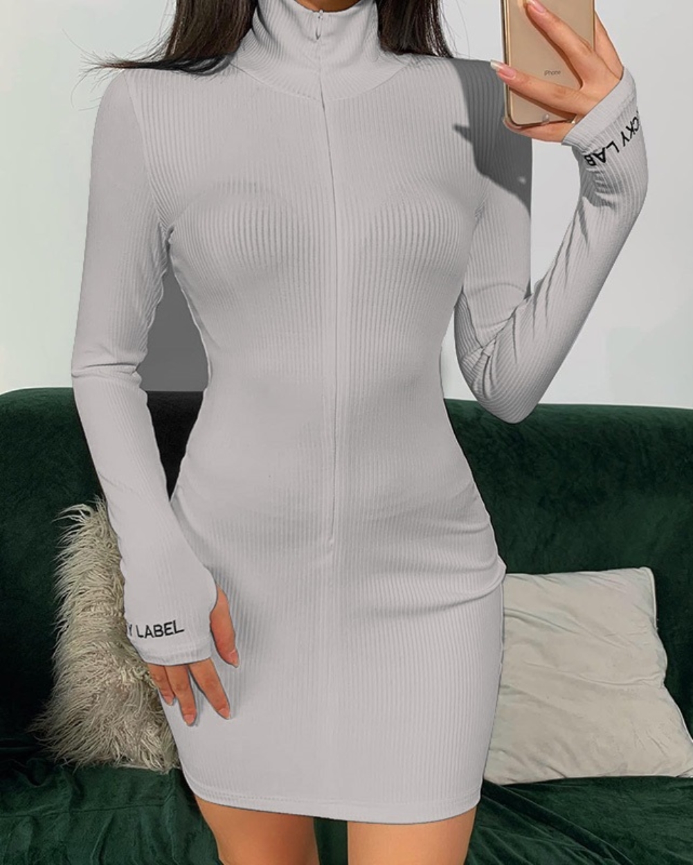 Long Sleeve Knitted Zipper Mini Dress