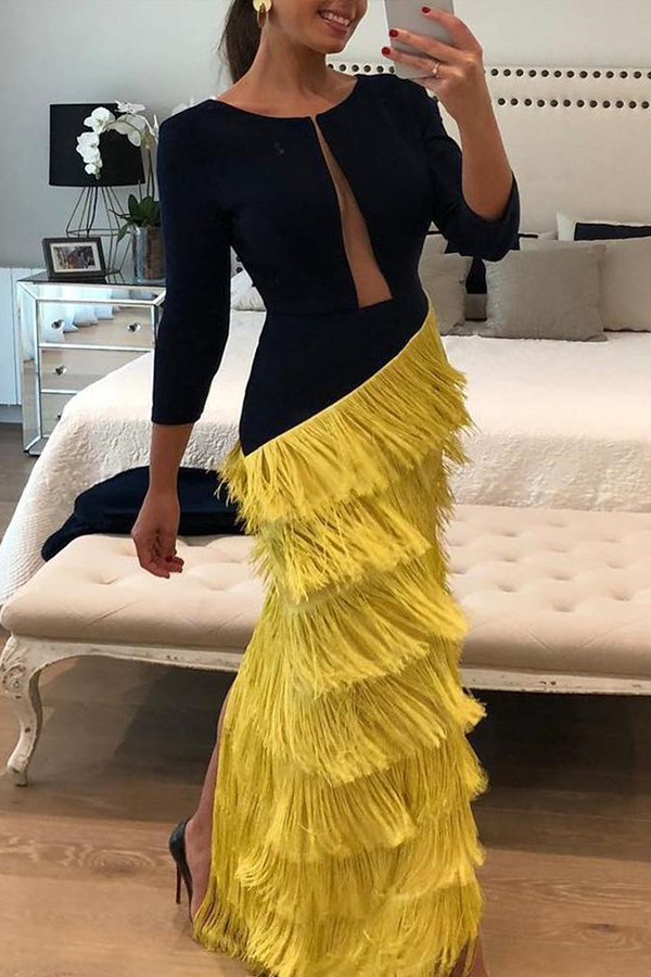 Fashion Long Sleeved Stitching Evening Dress