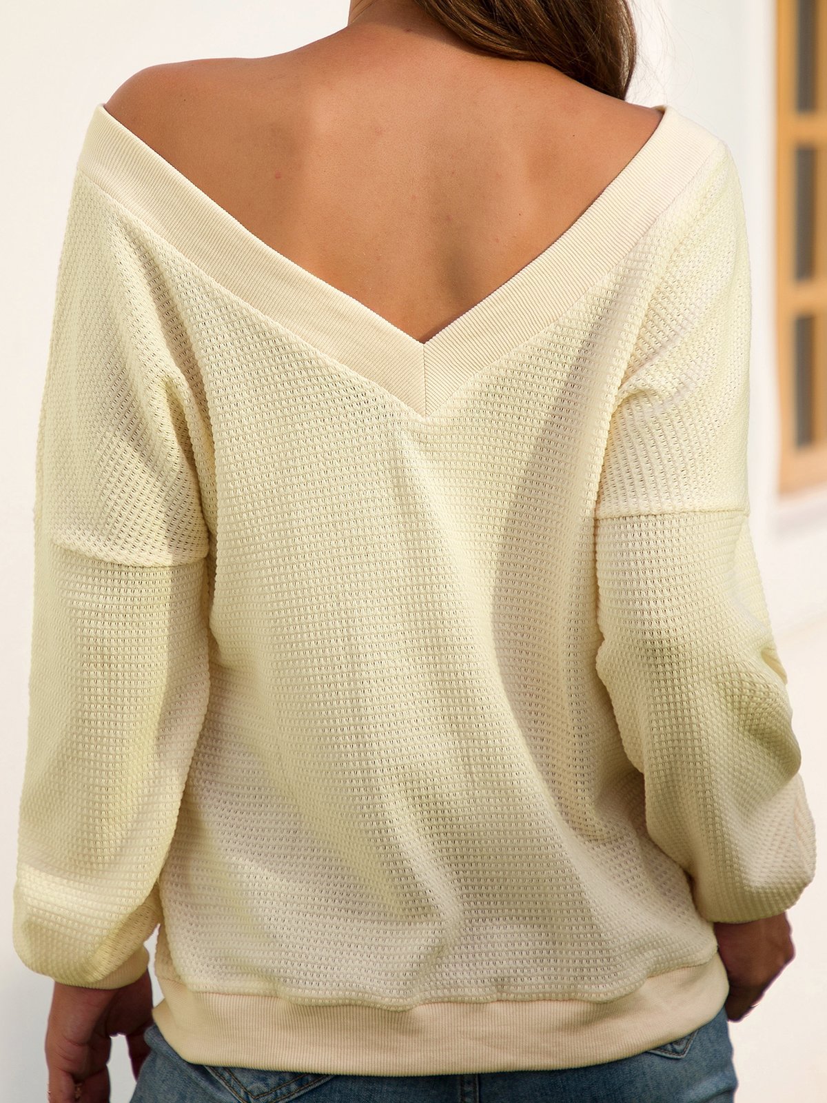 Casual V Neck Long Sleeve Solid Backless Sweaters