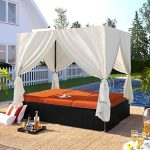 Outdoor daybed with Canopy,Sunlounger with Curtains,Poly Rattan Outdoor Lounge Sunbed for Backyard Multi Colors (Orange)