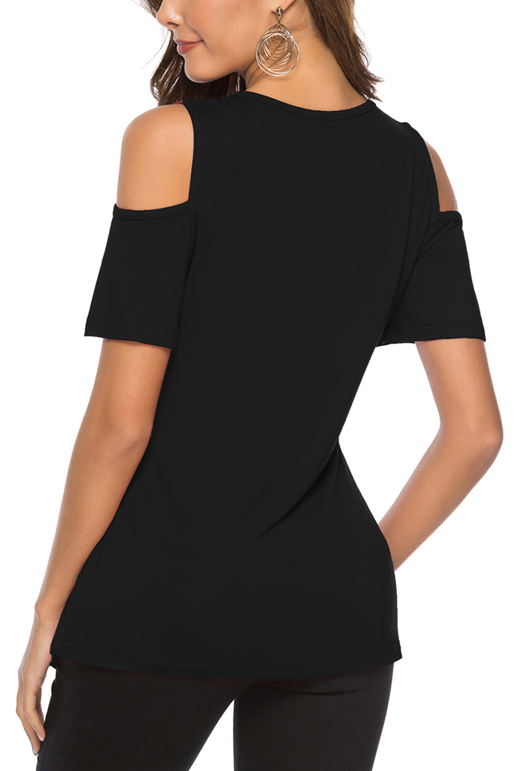 Black Irregular Round Neck Cold Shoulder Blouse