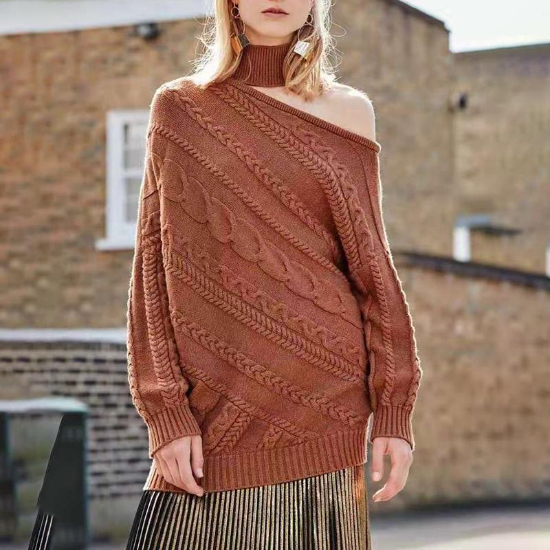 Fashion Hollow Shoulder High Collar Solid Color Knit Sweater