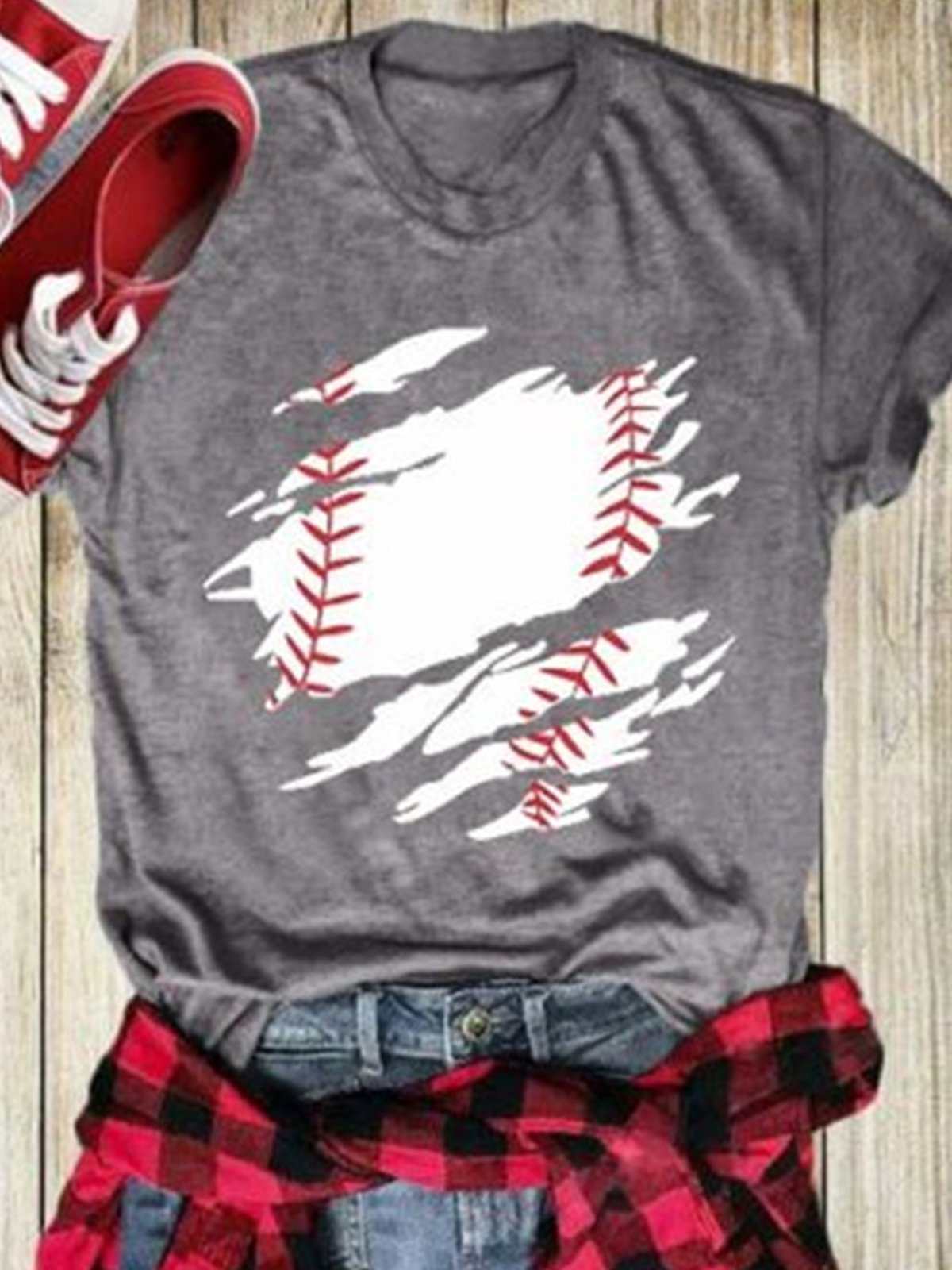 Gray Round Neck Casual Printed Shirts & Tops