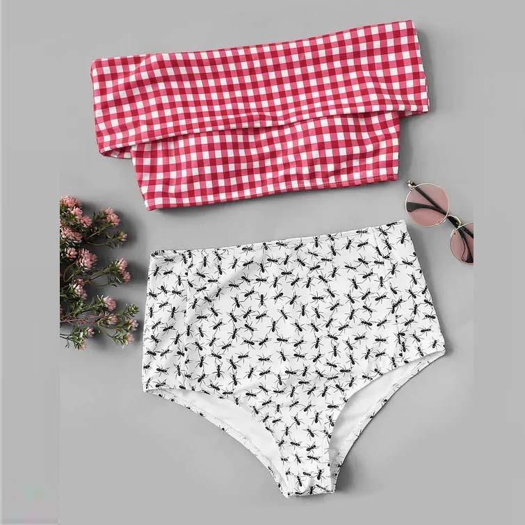 Bikini din tartan, model nou cu talie înaltă, model conservator