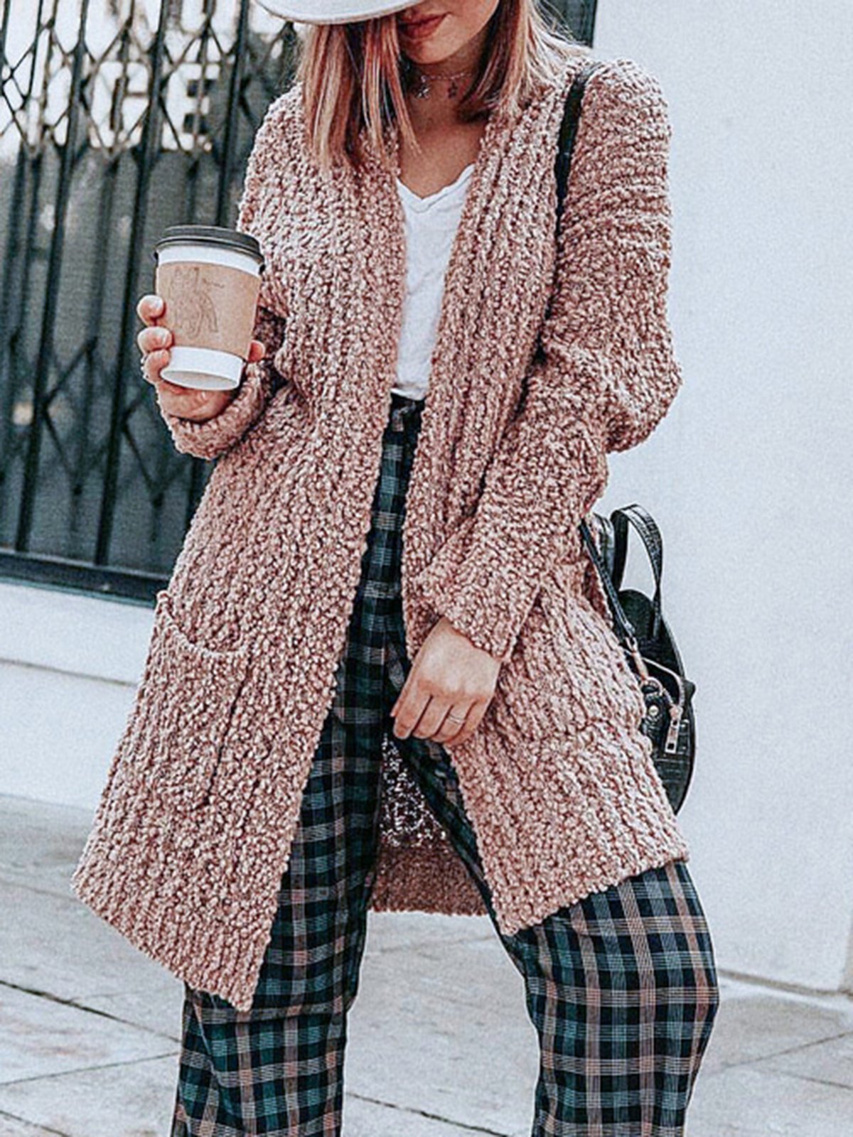 Acrylic Solid Long Sleeve Pockets Cardigans