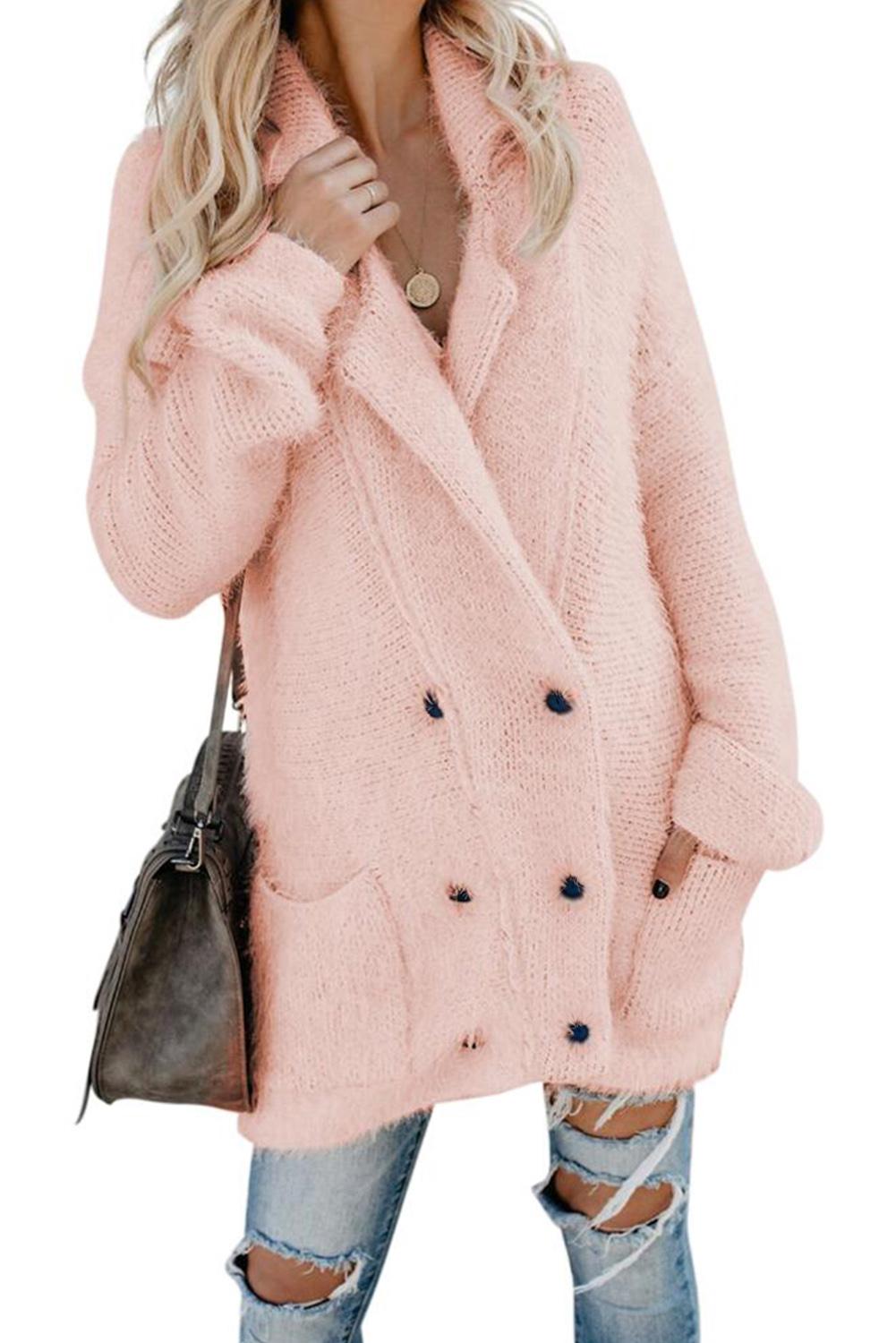 Pink Warm Fuzzy Double Breasted Pocketed Cardigan
