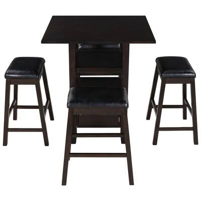 5 Pieces Counter Height Wood Kitchen Dining Table Set with 4 Upholstered Stools with Storage Cupboard and Shelf for Small Places