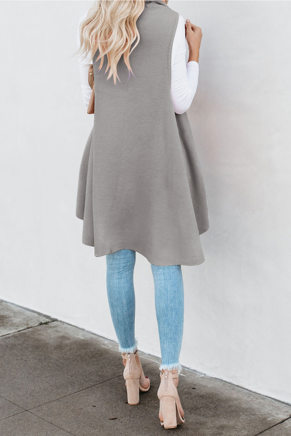 灰色无袖中长款开襟垂褶马甲外套