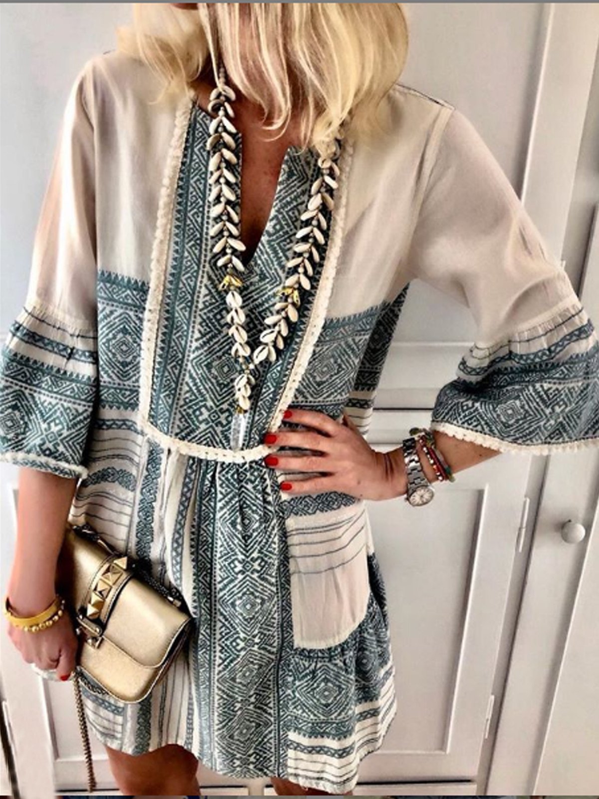 White V Neck Sexy Shift Patchwork Dresses