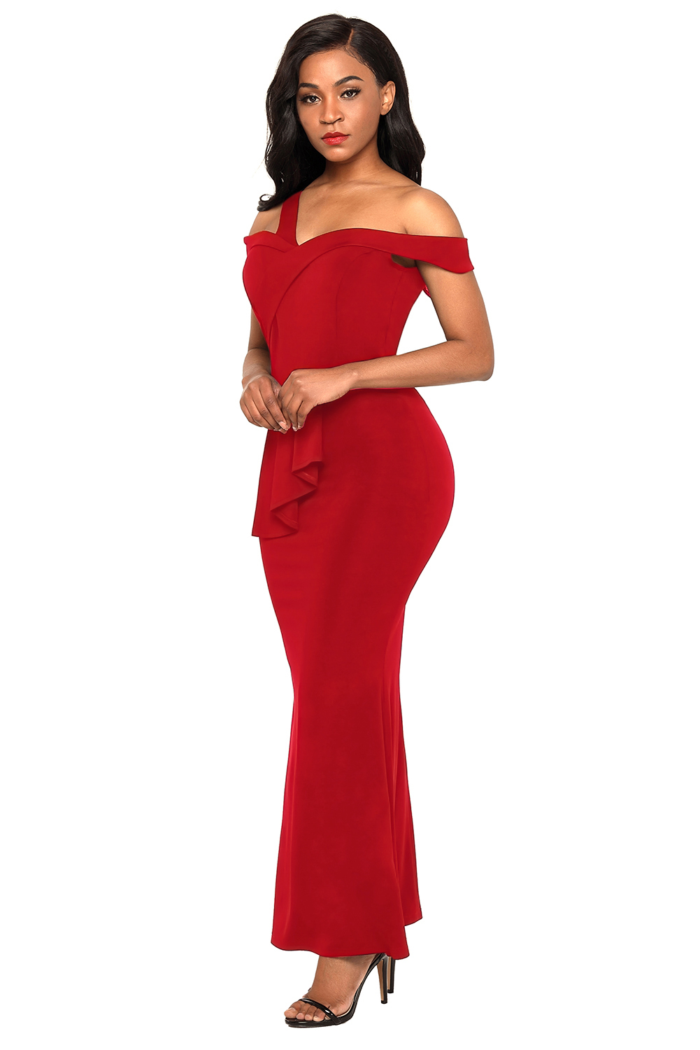 Red Asymmetric Off Shoulder Look High Waist Party Gown