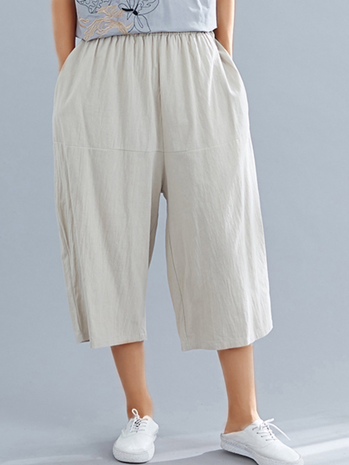 Plus Size Women Cotton And Linen Solid Loose Casual Wide Leg Pants