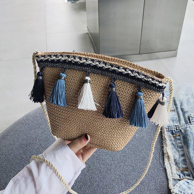 Women Tassel Straw Basket Bag Daytime Beach Shoulder Bags
