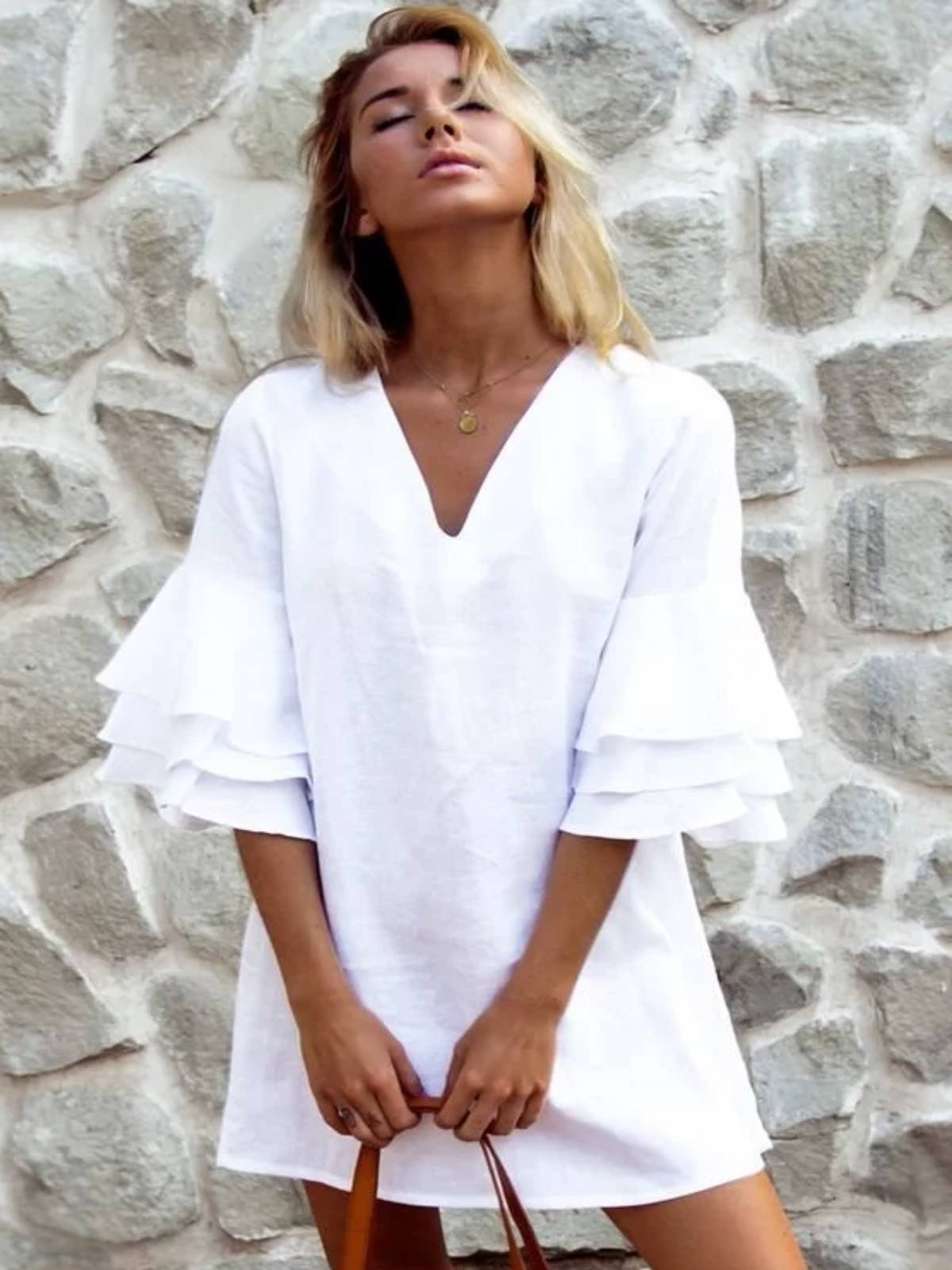 White Solid Half Sleeve Dresses