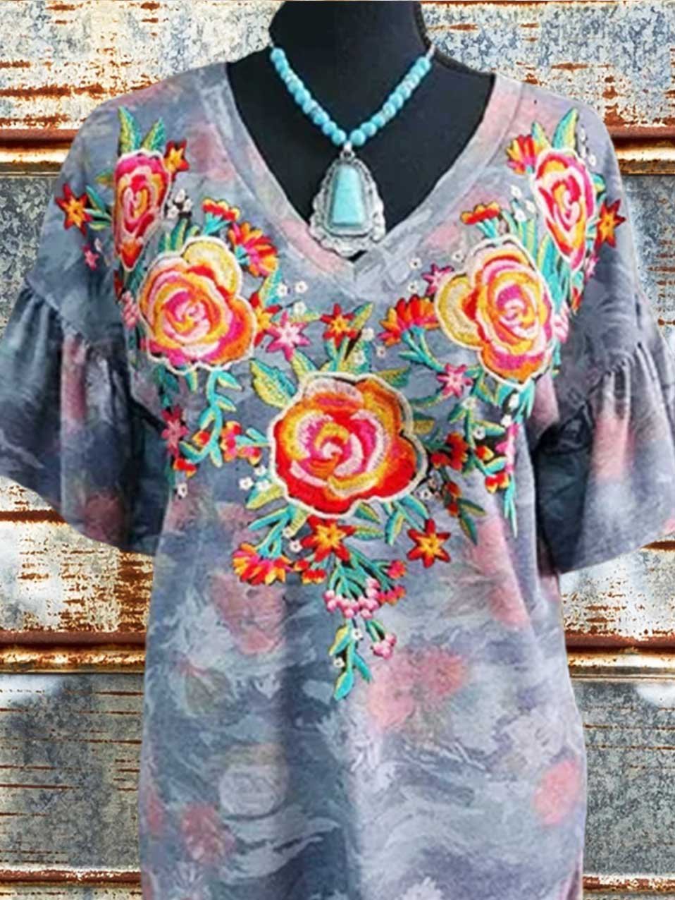 Floral Casual Paneled Short Sleeve Shirts & Tops