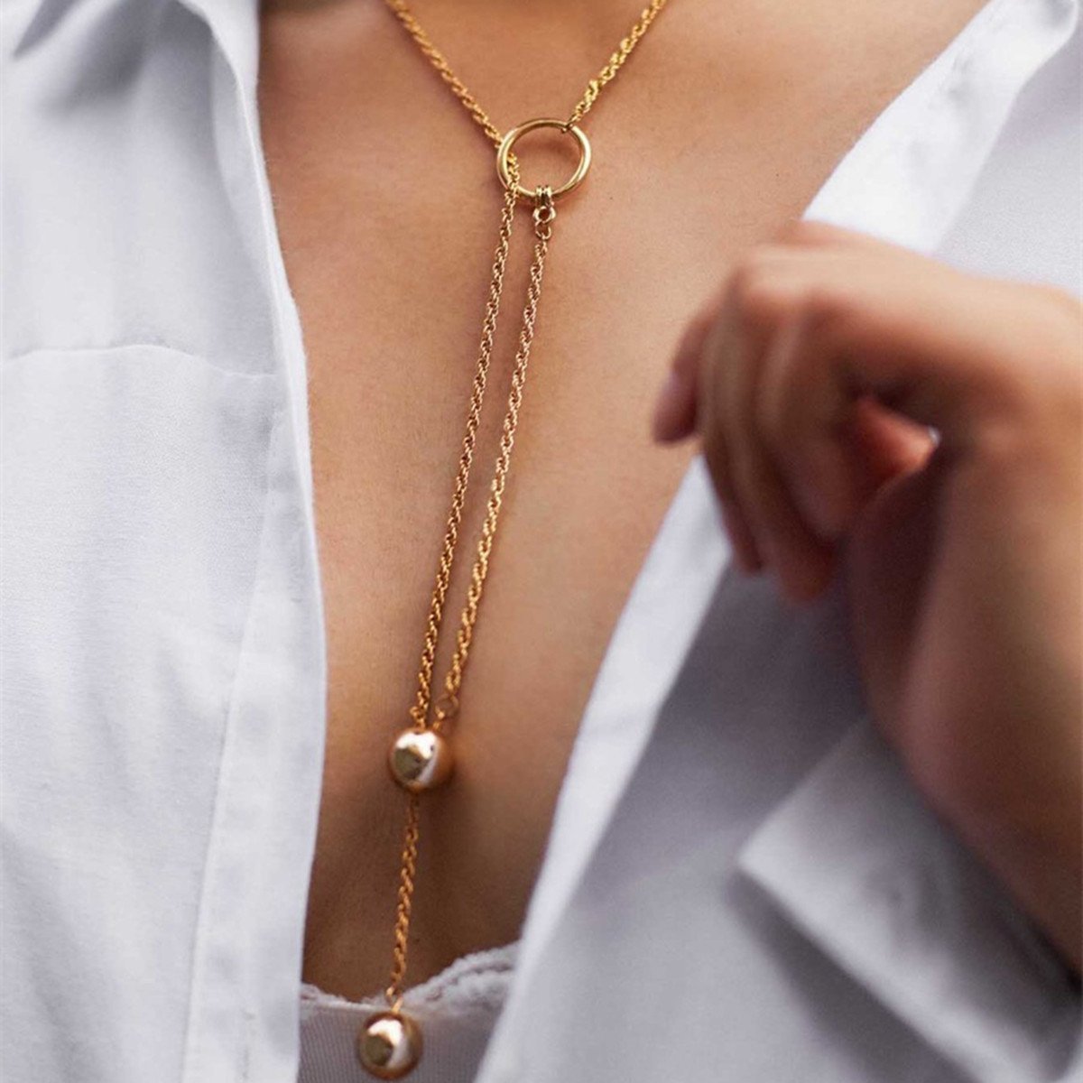 Fashion Vintage Simple Bead Clavicle Sweater Chain Metal Iron Ring Necklace