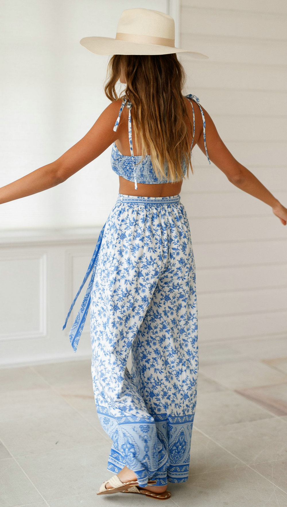 White and Blue Flower Straps Top and Maxi Skirt