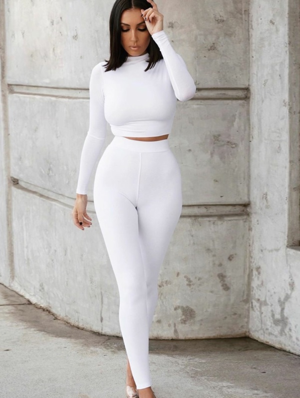 Fall Two Piece Plain Bodycon Crop Top and Pants Set