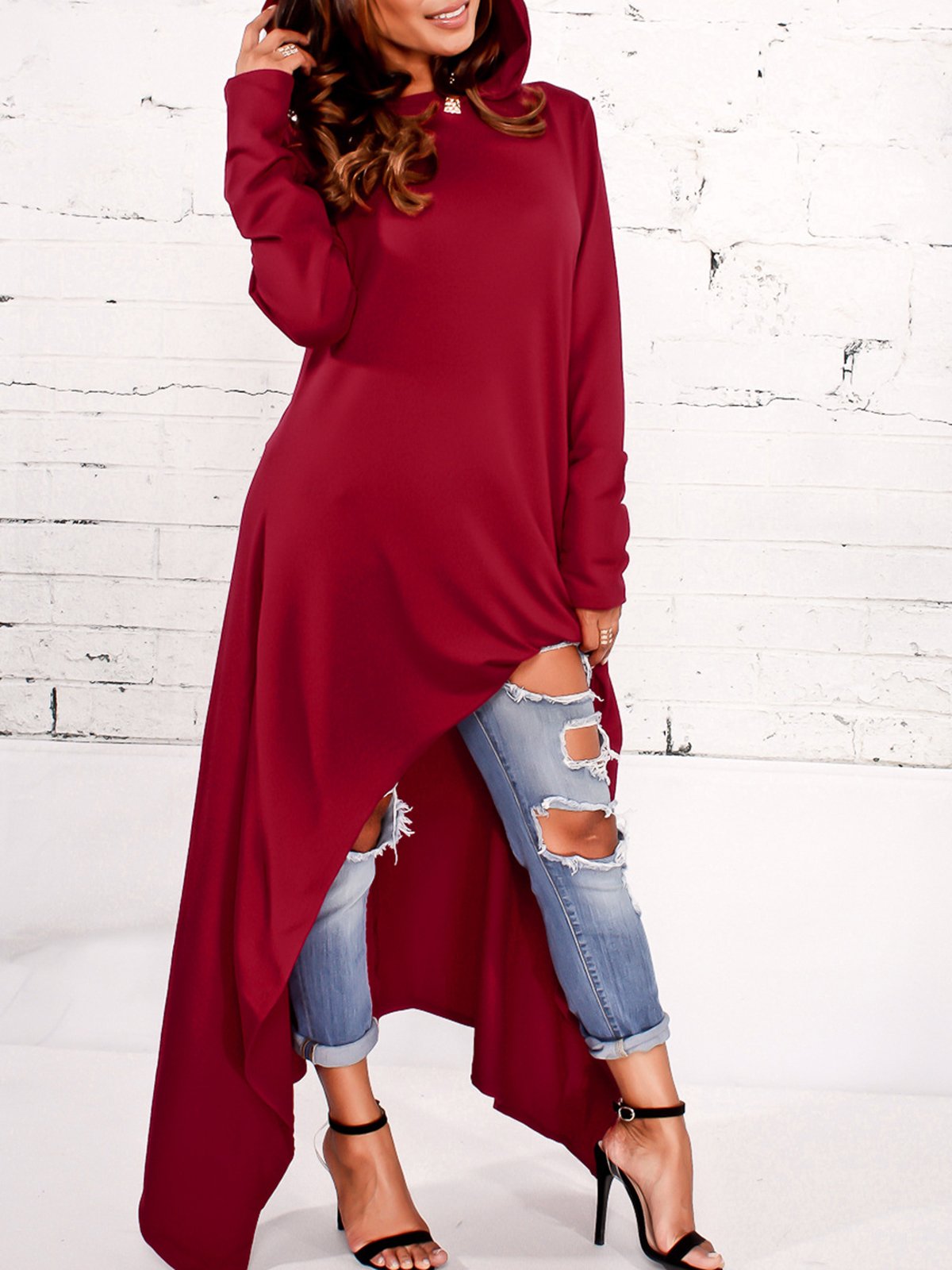 Long Sleeve Solid Asymmetric Plus Size Hoodies