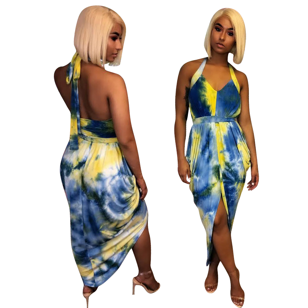 Sexy Colorful Low Back Halter Slit Dress