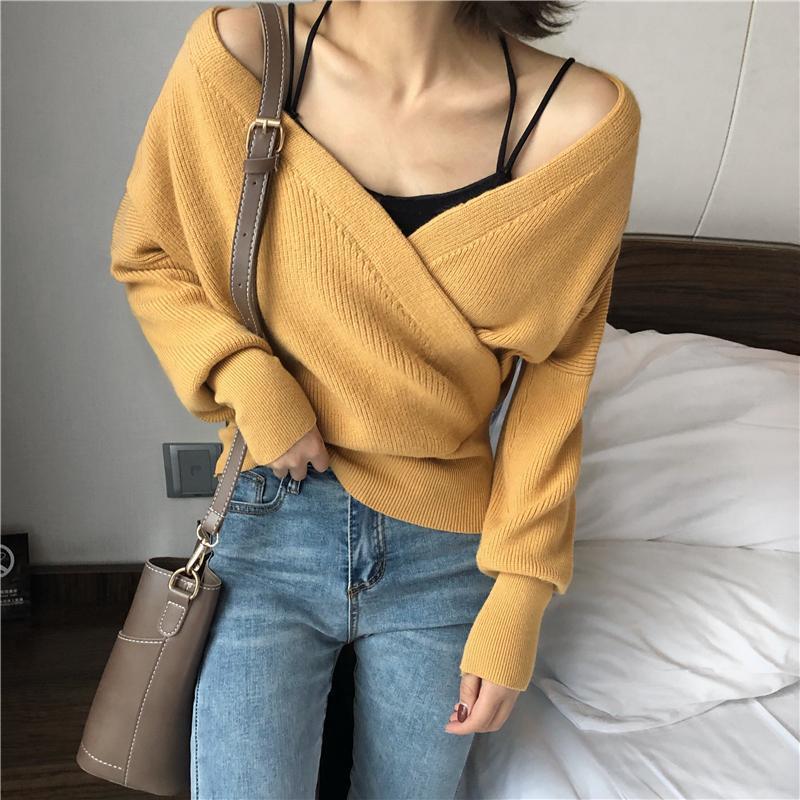Fashion Sexy V Neck Pure Color Knitted Sweater