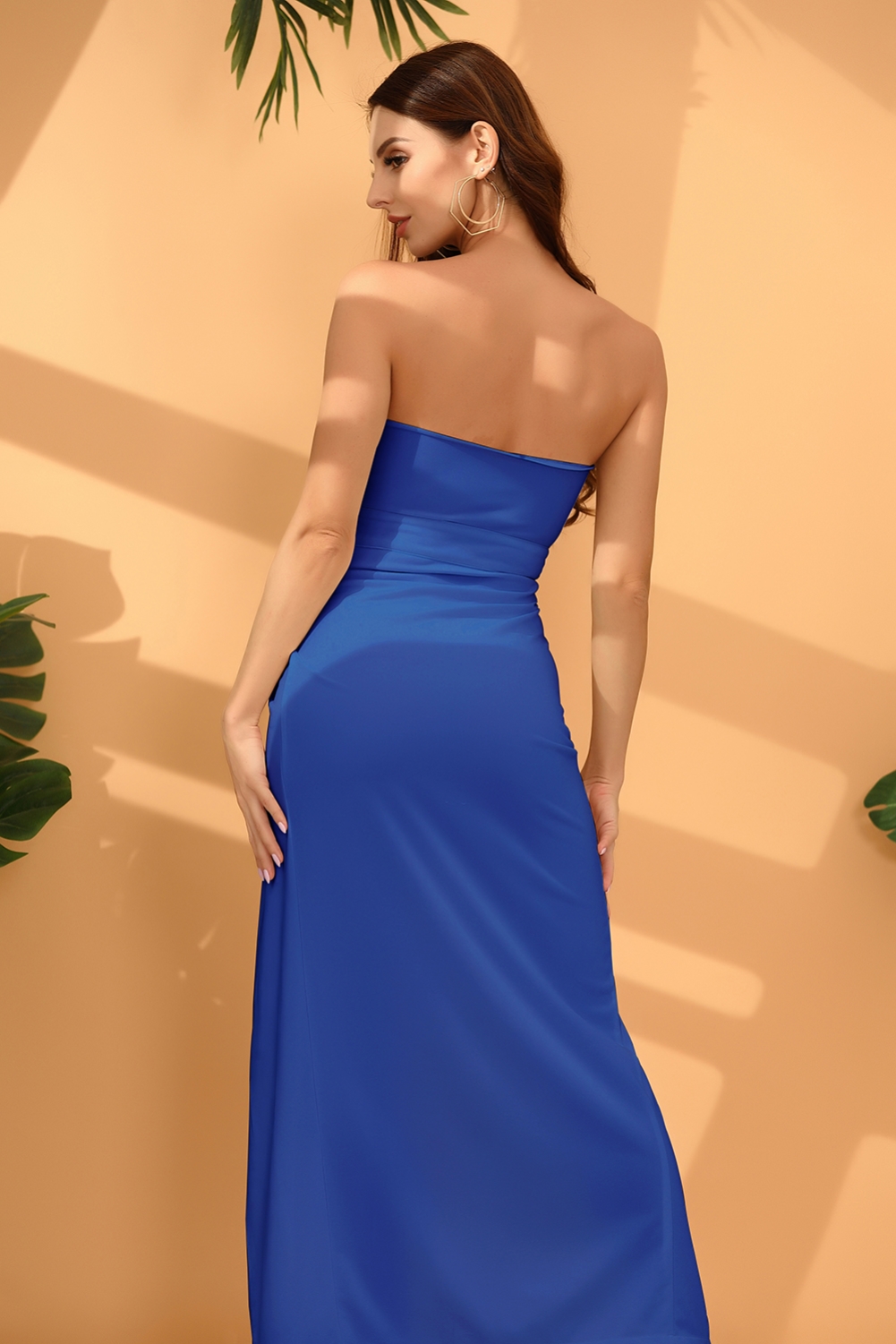 Solid Color Strapless Slit Evening Dress