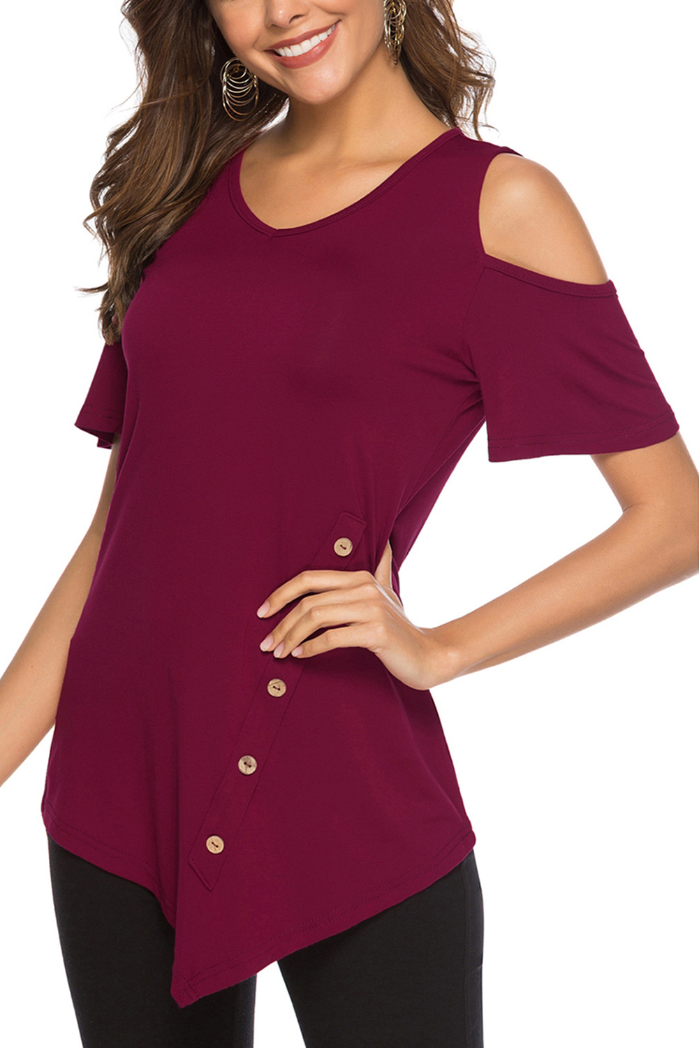 Red Irregular Round Neck Cold Shoulder Blouse