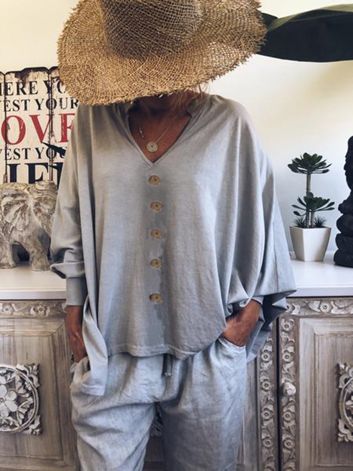 Long Sleeve Cotton-Blend Plain V Neck Shirts & Tops