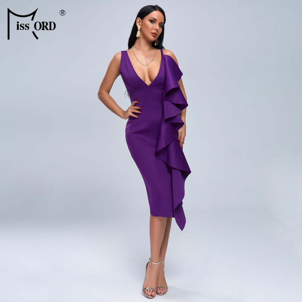 Missord 2019 Women Sexy Bodycon  Deep v neck  Bandage Dresses Female Ruffles Backless Club Dress Vestido  FT19413