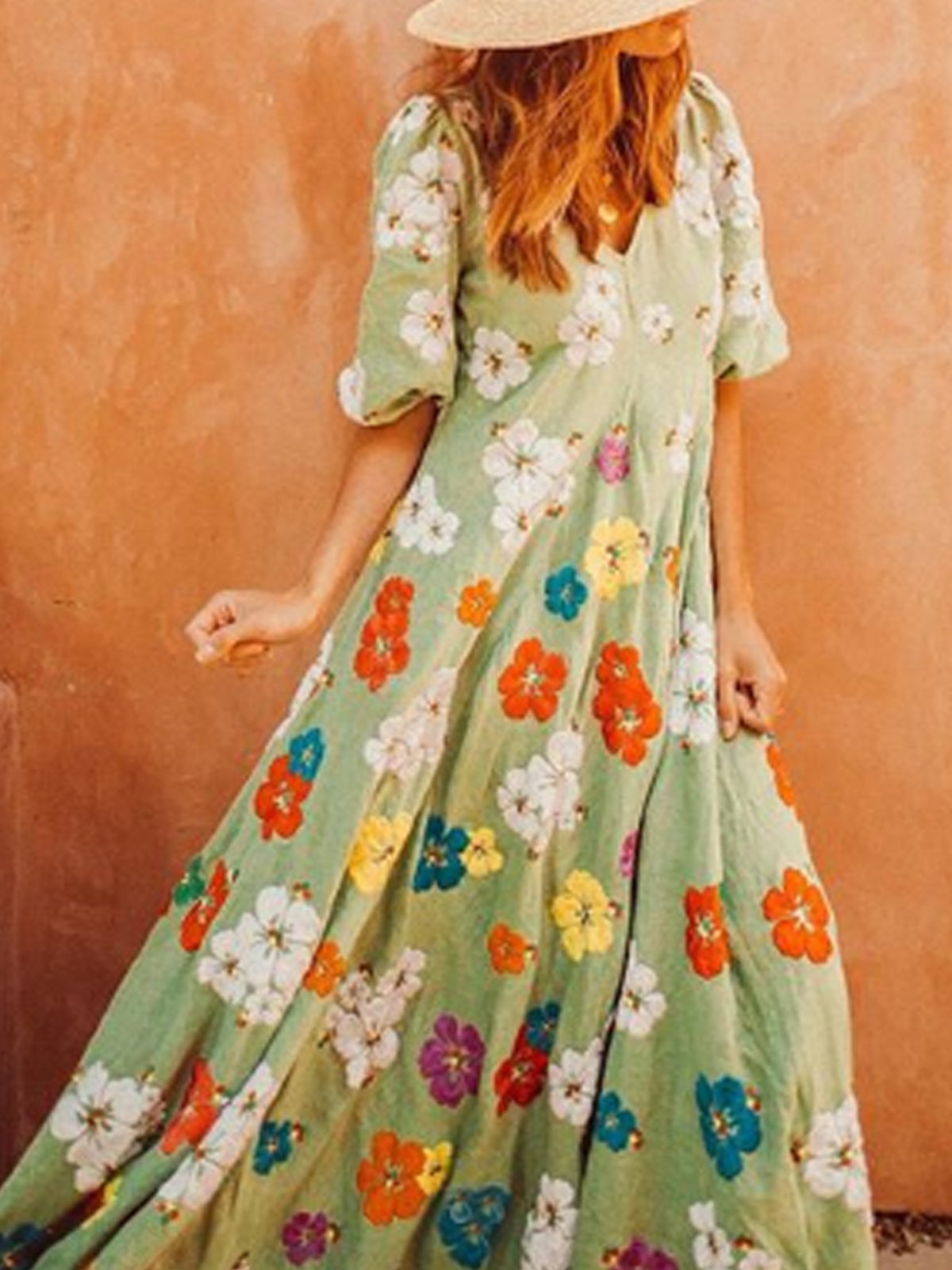 Lightgreen V Neck Printed Boho Patchwork Dresses