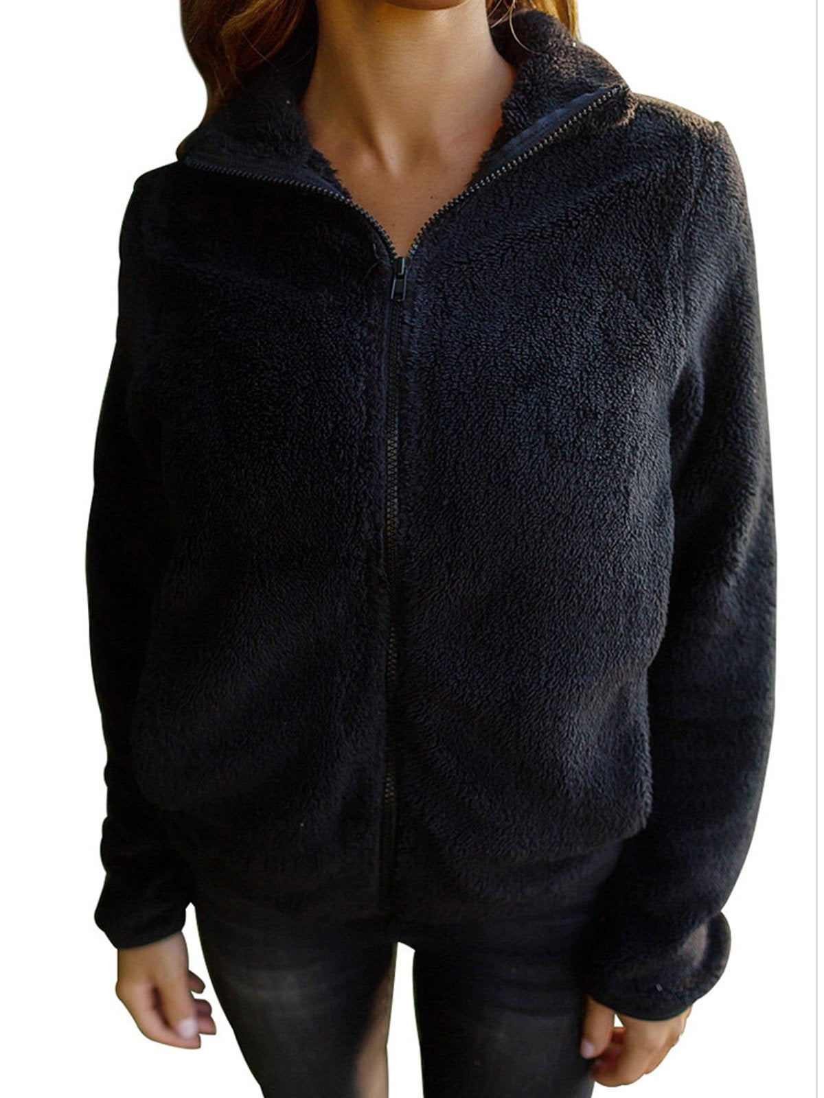 Lapel Solid Color Zipper Slim Fleece Jacket