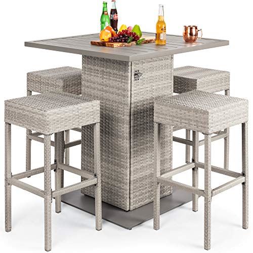 Best Choice Products 5-Piece Outdoor Wicker Bar Table Set for Patio, Poolside, Backyard w/Built-in Bottle Opener, Hidden Storage Shelf, Metal Tabletop, 4 Stools �C Gray