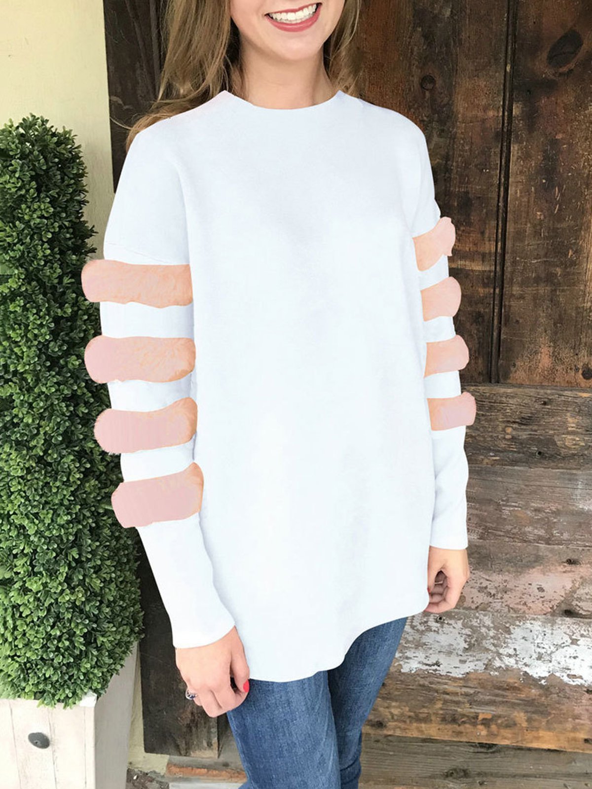 Long Sleeve Solid Paneled Crew Neck Sweatshirts