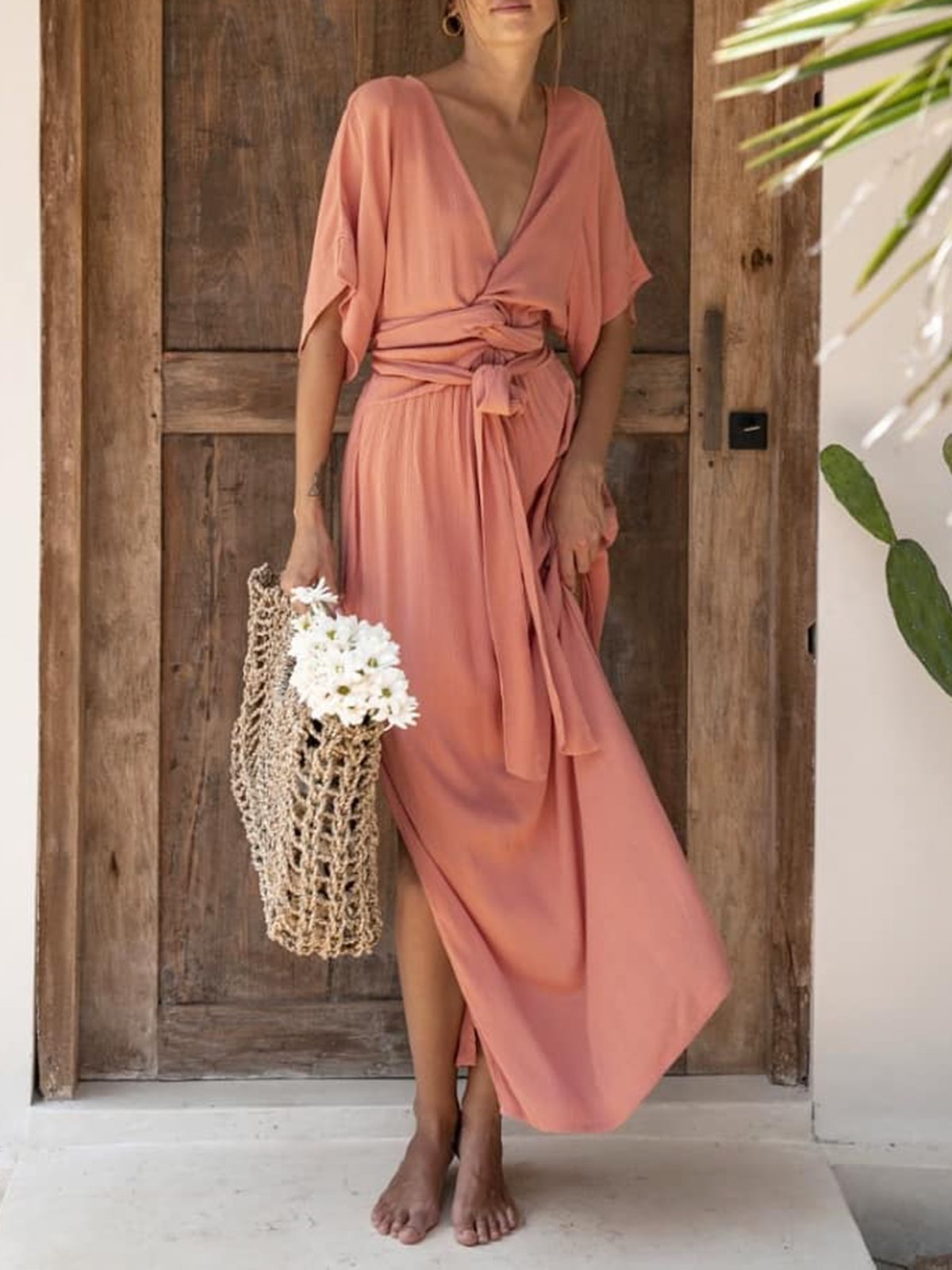 Summer Solid Maxi Dress Plus Size Boho V Neck Dresses