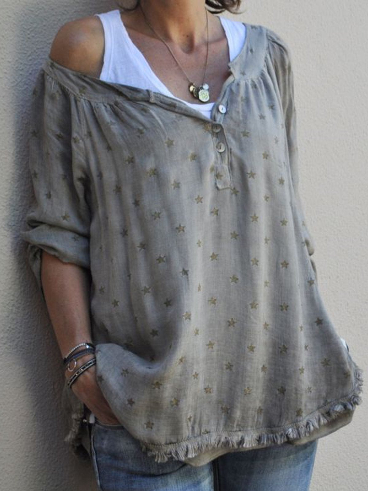 3/4 Sleeve V Neck Cotton Shirts & Tops