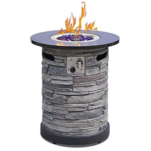 BAIDE HOME Outdoor Gas Propane Fire Pit Table, Round Natural Granite Stone top 22��� Fire Bowl Column W/ 40,000 BTU Firepit Table Auto-Ignition 400D Cover Glass Rocks for Outside Patio