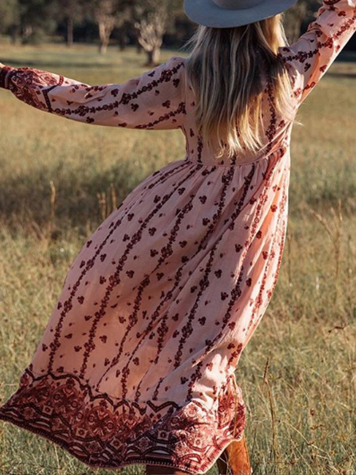 Pink Long Sleeve V Neck Swing Patchwork Dresses