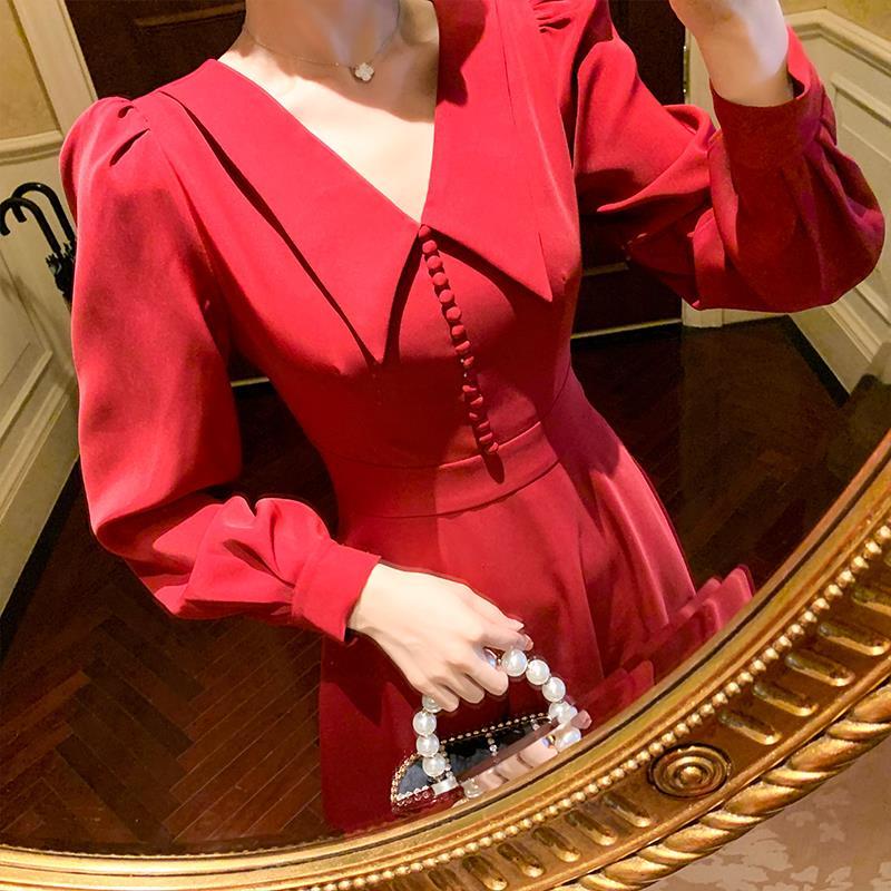Red Elegant Christmas Dress Women Autumn Casual Retro Party Midi Dress Female Slim Hepburn Chic Korean Dress Women 2022 New -- auto create collection